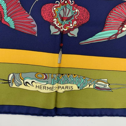 Hermes Carree 90 Soies Volantes Big Sky Silk Scarf 100% Silk Navy Khaki And