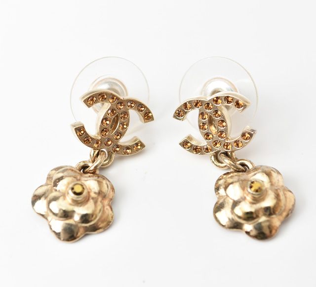 Chanel Earrings Chanel Logo CC Coco Mark Camellia Swing Gold Orange