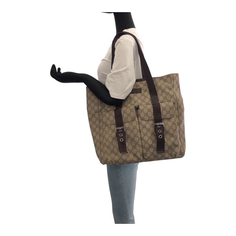 Gucci Beige Brown Silver Hardware GG Supreme Canvas/leather 141196 Tote Bag