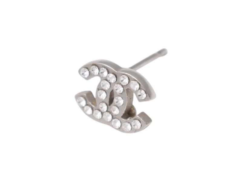 Chanel CC Logo Earrings 09 Rhinestone Metal Silver Clear — view 2