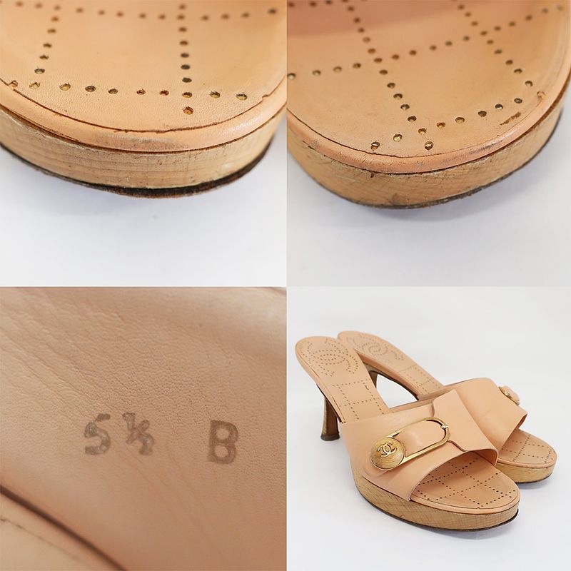Chanel Sandals Mule Wood Button Coco Mark Pink Beige Size 35.5 22.5cm