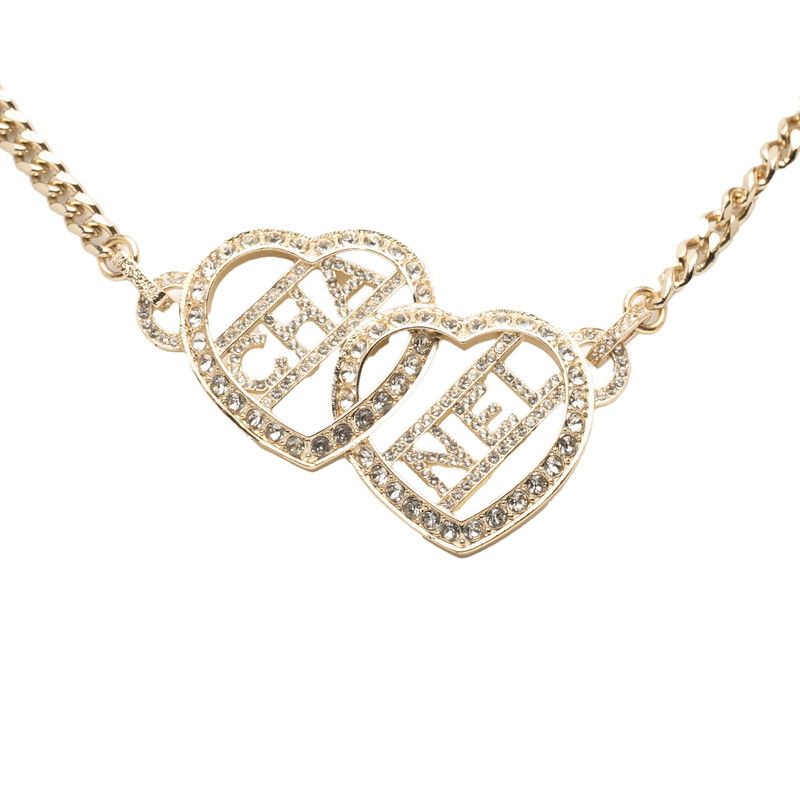 Chanel Logo Heart Circle Choker Necklace Gold Plated Rhinestone Ladies Chanel