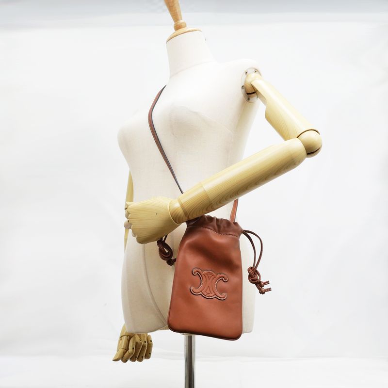 Celine Drawstring Mobile Pouch Shoulder Bag Cuill Triomphe Tan Brown