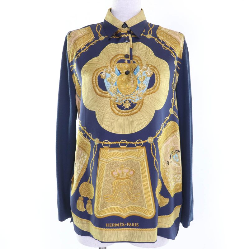 Hermes Silk Cotton Cashmere H Logo Button Twill Raine Knit Long Sleeve