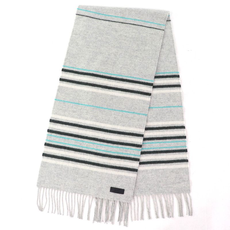 Hermes Neo Lo Cabasol 100% Cashmere Gris Chine Logo Leather Patch Fringe Scarf