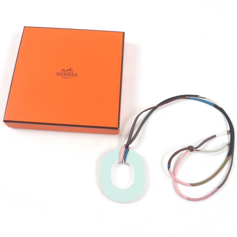 Hermes Ism Pigman Logoed Buffalo Horn Lacquerwood Silk Necklace Pink Blue With