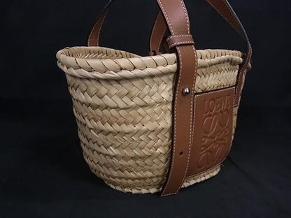 Loewe Anagram Basket Bag Raffia X Leather Handbag Tote Women Brown Fp7236