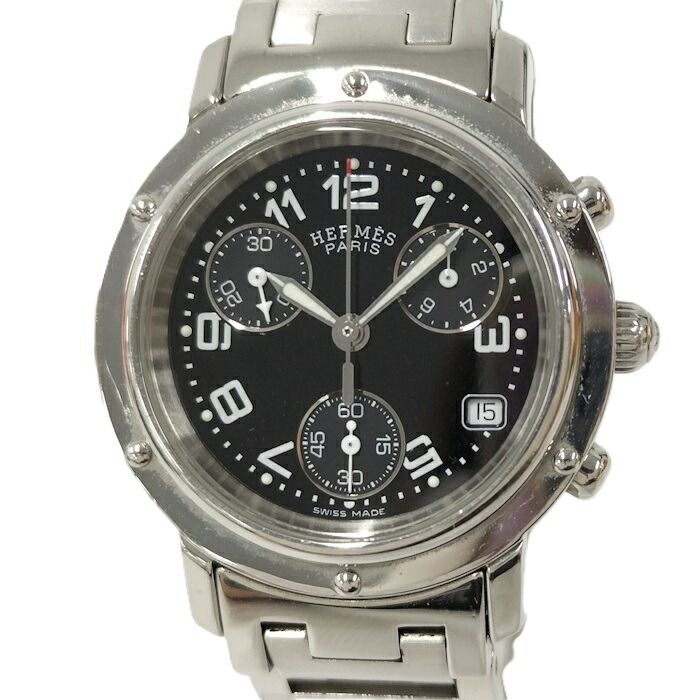 Hermes Clipper Ladies Watch Chronograph SS Quartz Black Dial Cl1310