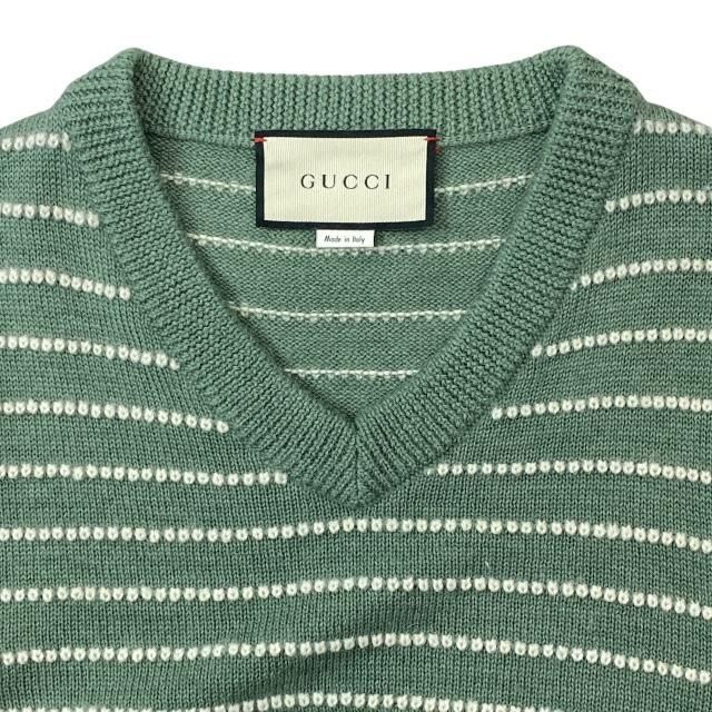 Gucci 633610 Knit Sweater Top Long Sleeves V-neck Striped Alpaca Wool Green