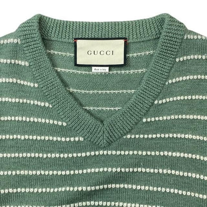 Gucci 633610 Knit Sweater Top Long Sleeves V-neck Striped Alpaca Wool Green