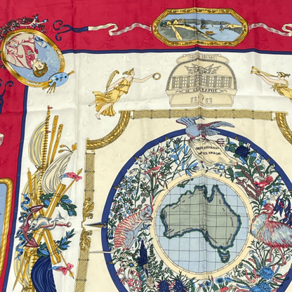 Hermes Carre 90 LE Geographe Geographer Red And Multicolor 100% Silk