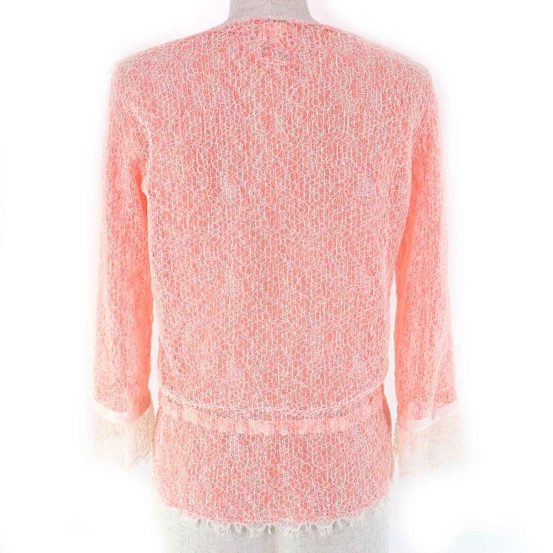 CHANEL P38256 Coco Mark Button Ribbon Belt Full Lace Cardigan Bolero Salmon