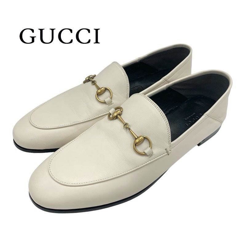 Gucci Loafer Leather Shoes Leather Ivory Gold Flat Shoes Horsebit