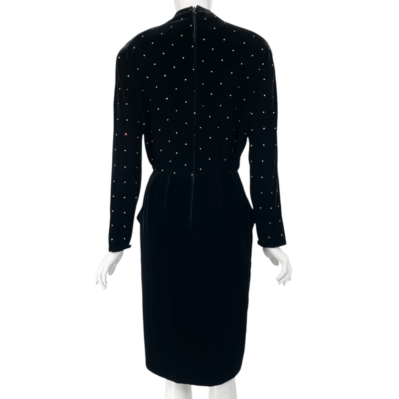 Celine Velour Rhinestone Dress Long Sleeves Black