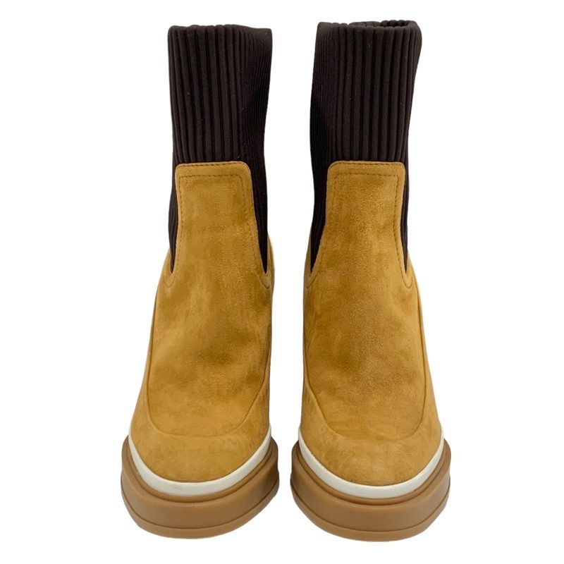 Hermes Boots Short Boots Sock Boots Shoes Suede Fabric Bicolor Camel Brown