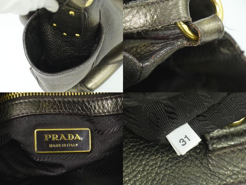 Authentic Prada Leather Shoulder Bag Gold Tone Bag Pre-owned [follow-up Discount