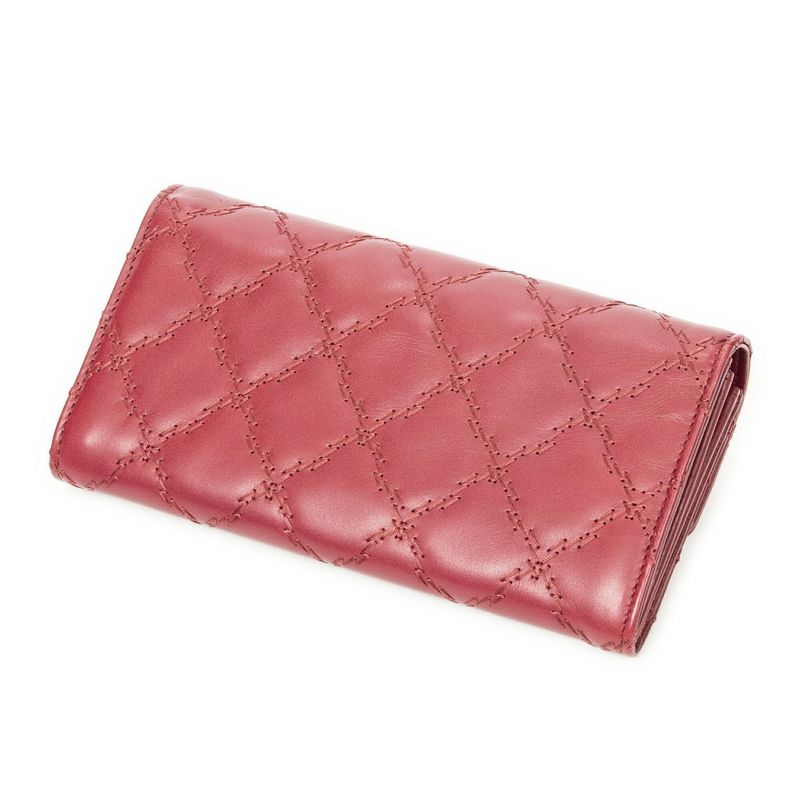 Chanel Hamptons L Flap Wallet Red Double Stitch Lambskin Leather A