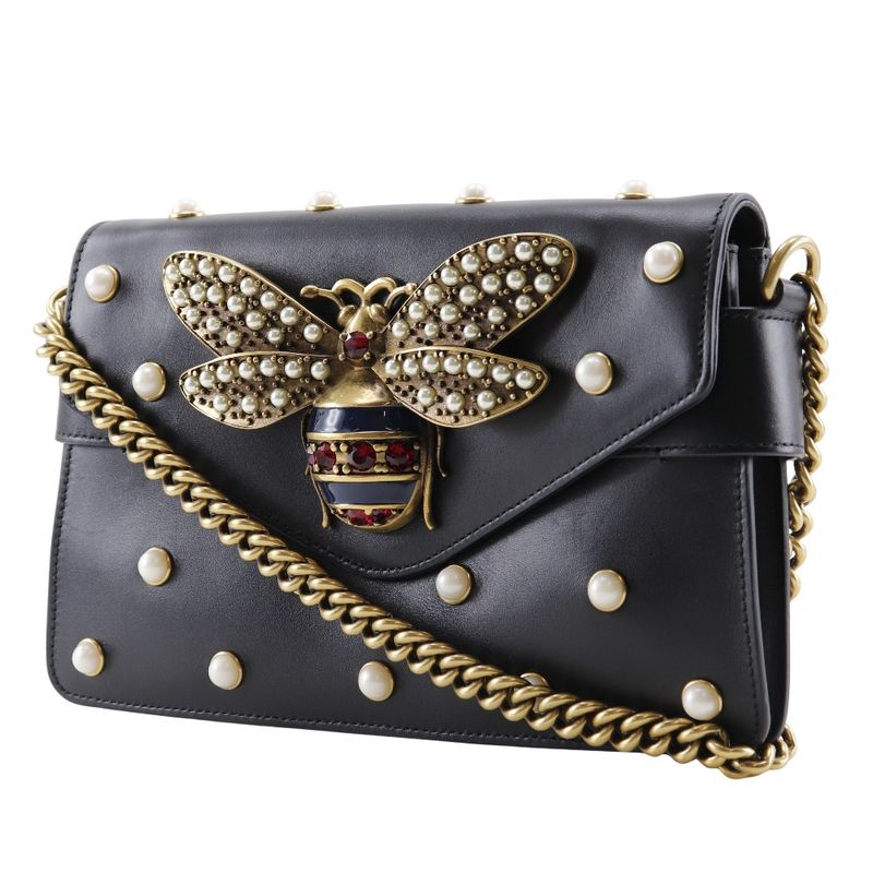 Gucci Broadway Chain Shoulder Pearl & Bee 453778 Calf Black Ladies Shoulder Bag