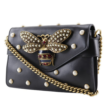 Gucci Broadway Chain Shoulder Pearl & Bee 453778 Calf Black Ladies Shoulder Bag
