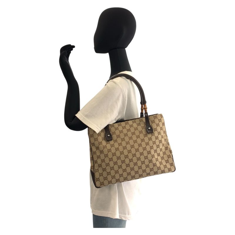Gucci Bamboo Beige Brown Silver Hardware GG Canvas 112526 Tote Bag Shoulder Bag