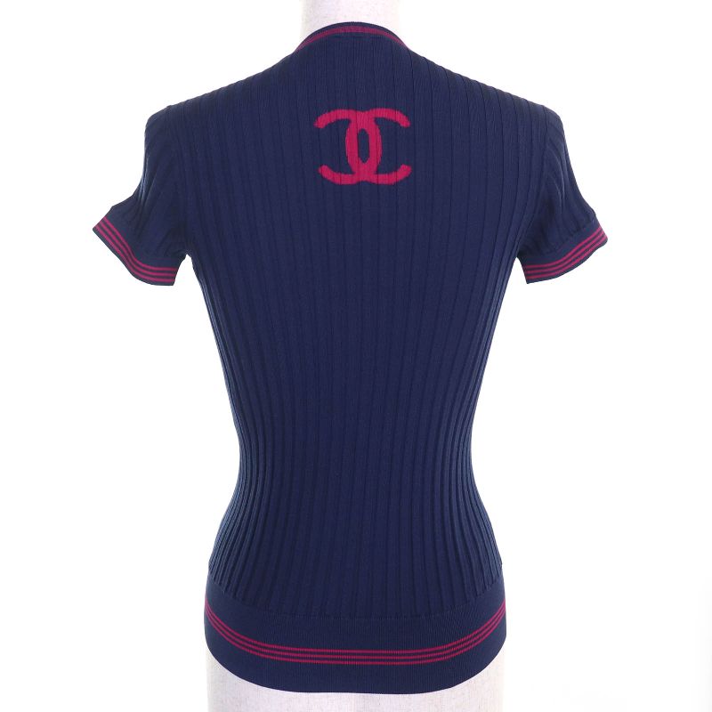 CHANEL P61004 85% Silk Coco Mark Number Rings Tight Ribbed Short Sleeve Knit