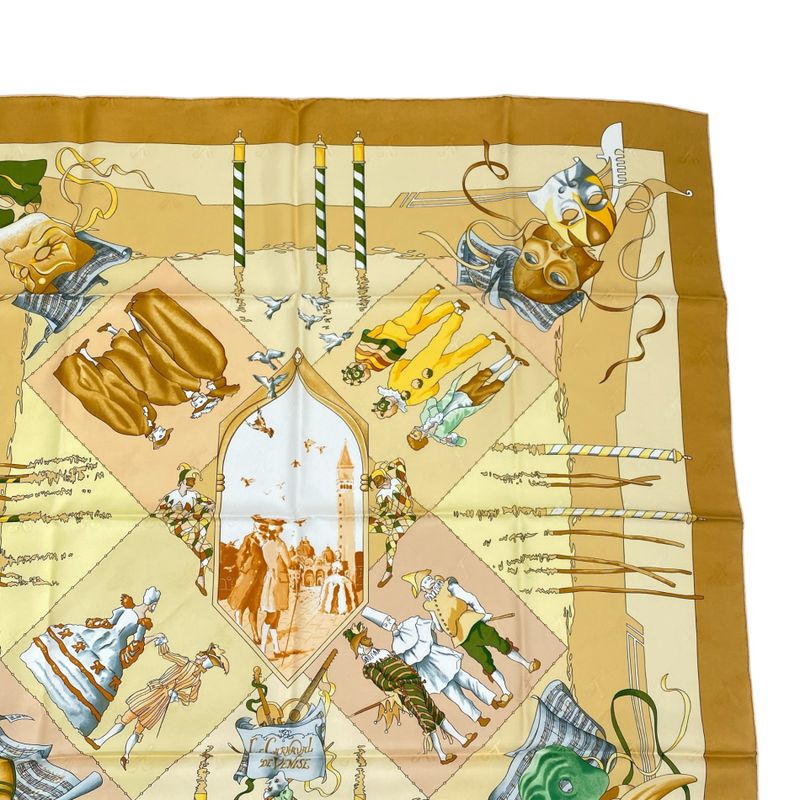 Hermes Carre 90 Scarf Silk Carnaval DE Venise Carnival Of Venice Yellow
