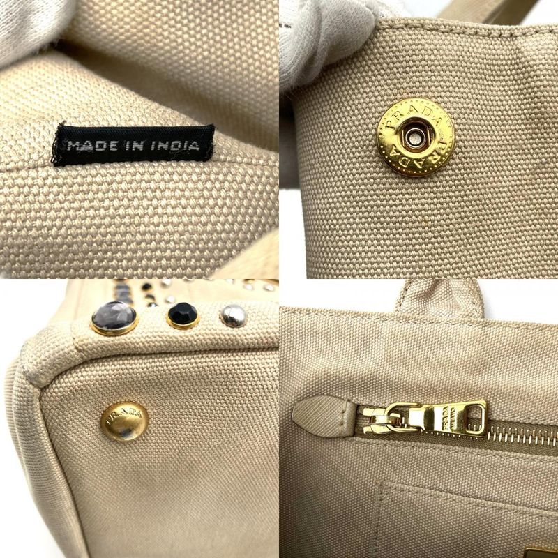 Prada Canapa Bijoux Tote Handbag Studded Canvas Beige Ivory Women's