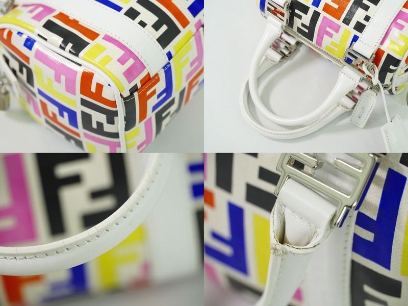 Authentic Fendi Zucca Mini Boston Bag Handbag PVC White Multicolor 8bl071 Zucca