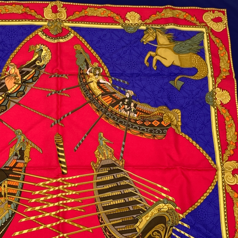 Hermes Scarf Carre 90 Silk Les Bissone De Venise Venice Boat Festival Red And