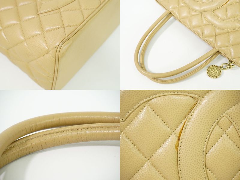 Authentic Chanel Coco Mark Revival Tote Handbag Caviar Skin Leather Beige Coco
