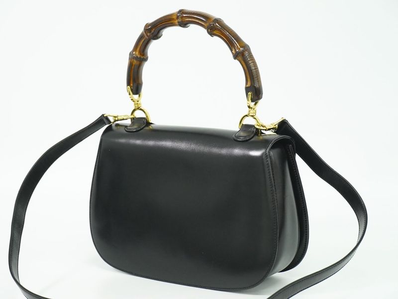 Authentic Gucci Bamboo 2WAY Shoulder Bag Handbag Pochette Leather Black Bamboo