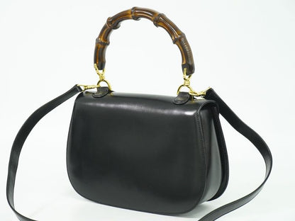 Authentic Gucci Bamboo 2WAY Shoulder Bag Handbag Pochette Leather Black Bamboo