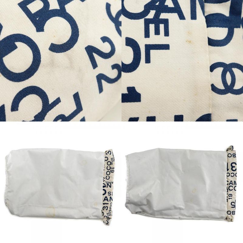 Chanel Beach Bag Vichy Line Logo Cotton White Women's Shoulder Bag