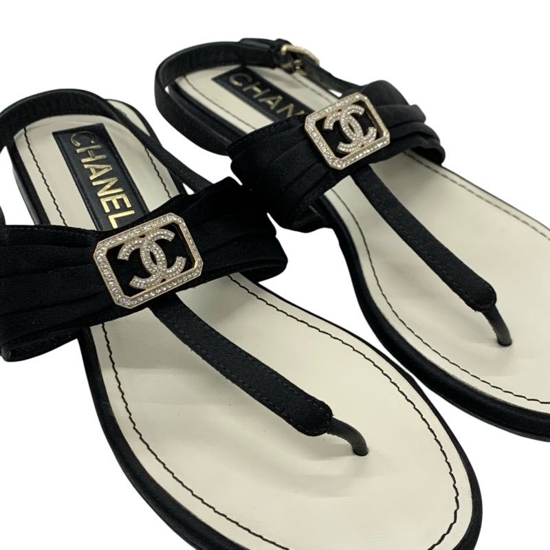 Chanel Sandals Shoes Satin Black Gold Here Mark Rhinestone Thong Flat