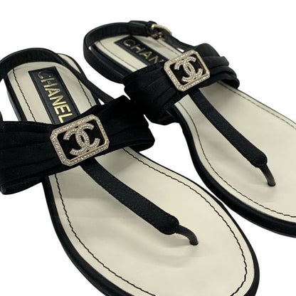 Chanel Sandals Shoes Satin Black Gold Here Mark Rhinestone Thong Flat