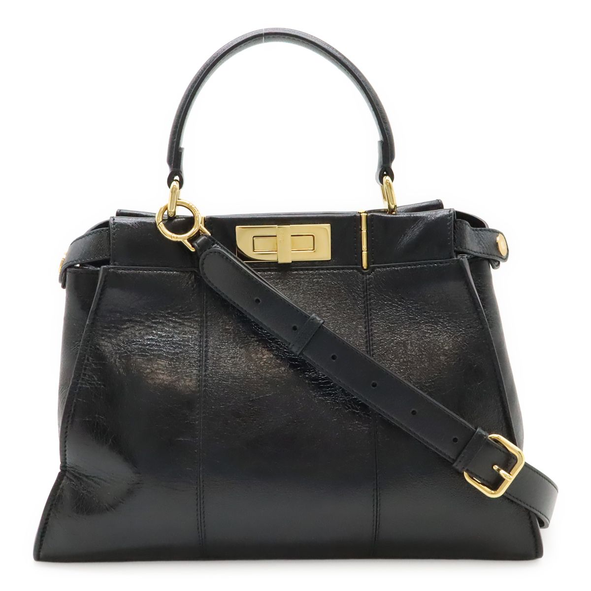 Fendi Peekaboo Regular Handbag 2WAY Shoulder Bag Crossbody Leather Black Black