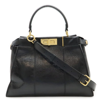 Fendi Peekaboo Regular Handbag 2WAY Shoulder Bag Crossbody Leather Black Black