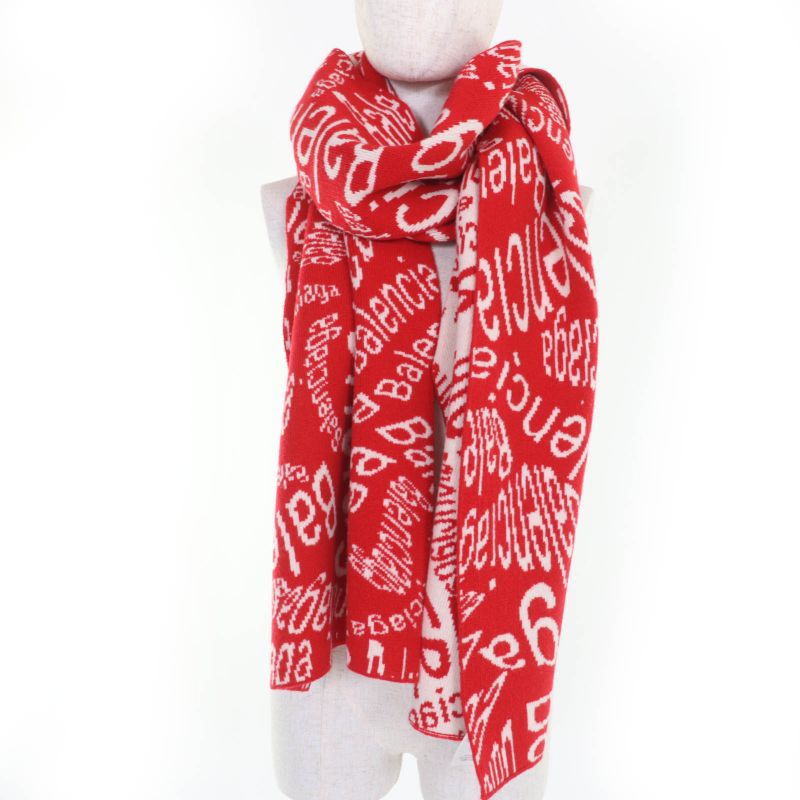 Balenciaga 583121 Virgin Wool Large Shawl Scarf With Logo Pattern Red Ivory S