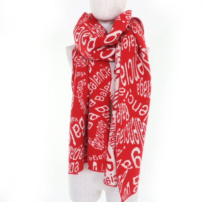 Balenciaga 583121 Virgin Wool Large Shawl Scarf With Logo Pattern Red Ivory S