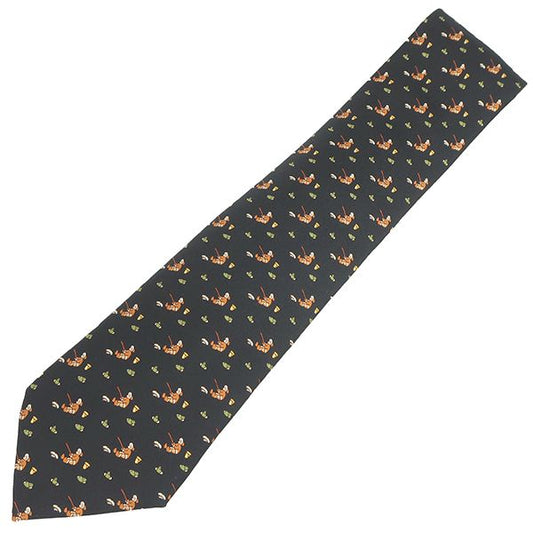 Hermes Necktie Fishing Pattern 9cm (3.54in) Silk Black and Multicolor Black