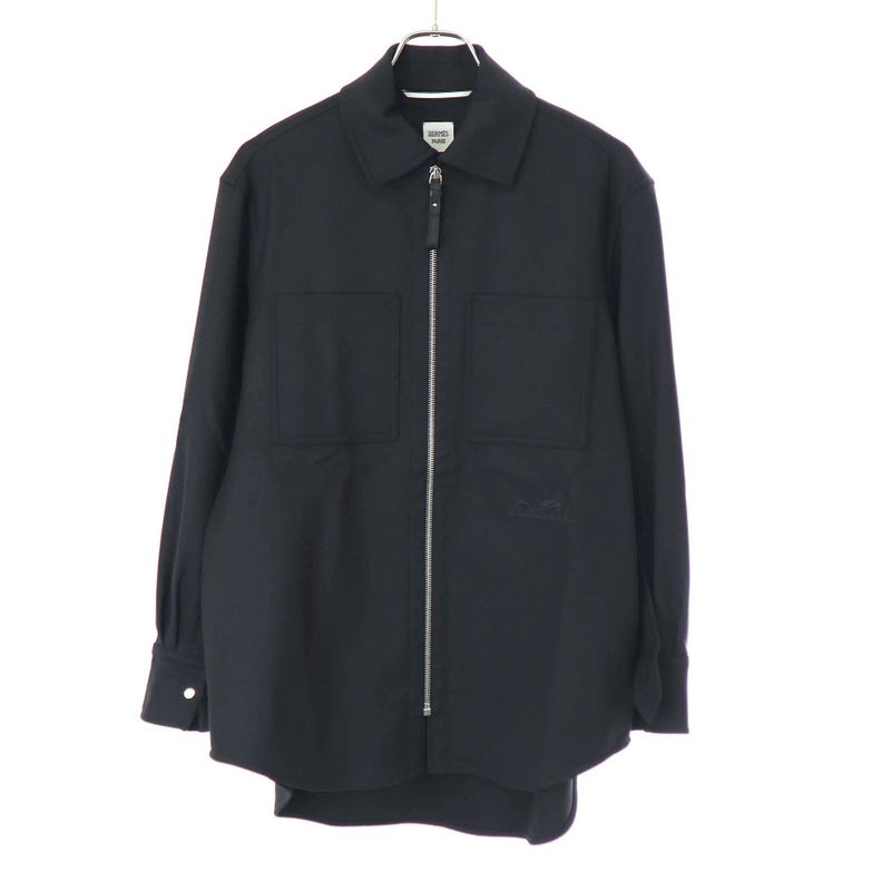 Hermes Embroidery Zip-Up Wool Shirt Jacket 2h0212dn Black 36