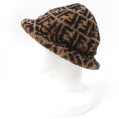 Fendi Fxq632 100% Silk Lined FF Logo Zucca Pattern Mouton Hat Brown Black M