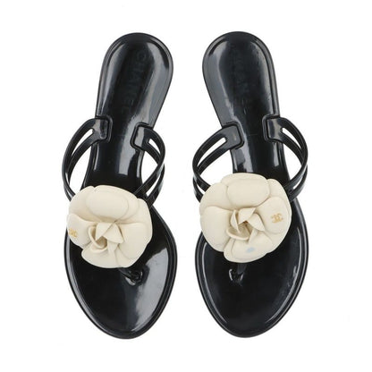 Chanel Coco Mark Camellia Rubber Sandals Women's 35 Black And White Made In