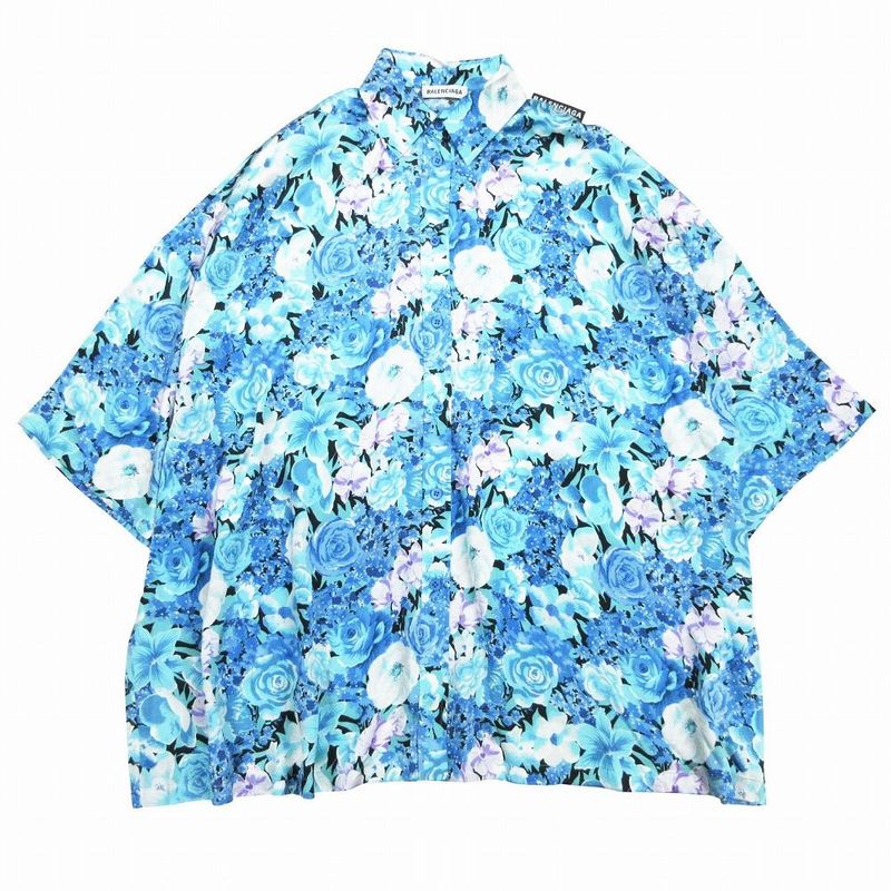 Balenciaga 621885 Tilb4 100% Silk Floral Shirt Blouse Oversize D Short Sleeves