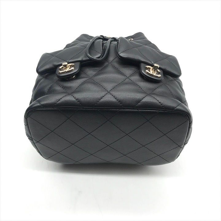 Chanel Quilted Lambskin CC Logo Drawstring Chain Backpack Pack Black