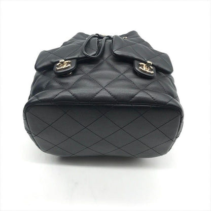 Chanel Quilted Lambskin CC Logo Drawstring Chain Backpack Pack Black