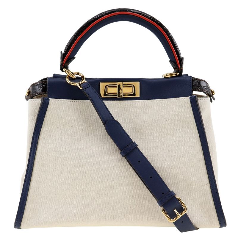 Fendi Peekaboo 2WAY Shoulder 8bn290 Canvas And Calf White/navy Blue Ladies