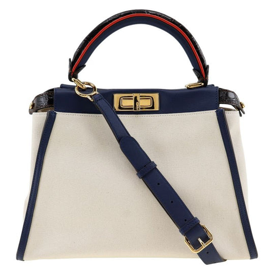 Fendi Peekaboo 2WAY Shoulder 8bn290 Canvas And Calf White/navy Blue Ladies