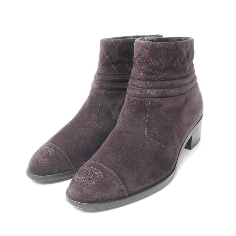 Chanel Boots Size 35 1 2 C Coco Mark Matelasse Quilted Suede Leather Side Zip