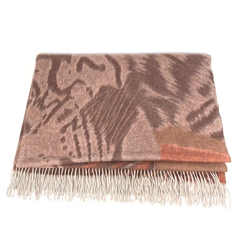 Hermes Blanket Taiga Animal Fringe Plaid Cashmere Brown